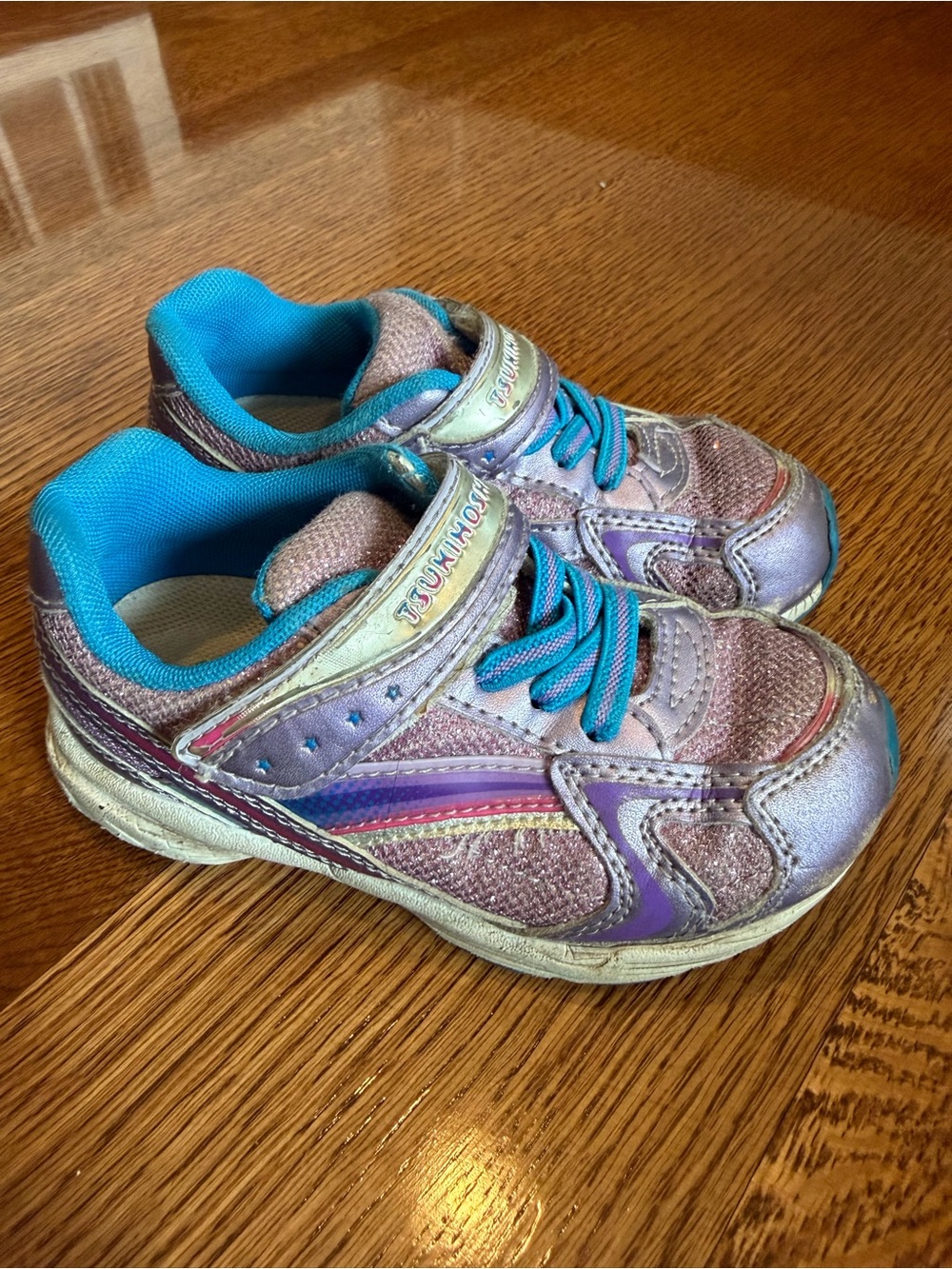 Tsukihoshi Iridescent Pink and Purple Kids Sneakers with Bright Blue Lining